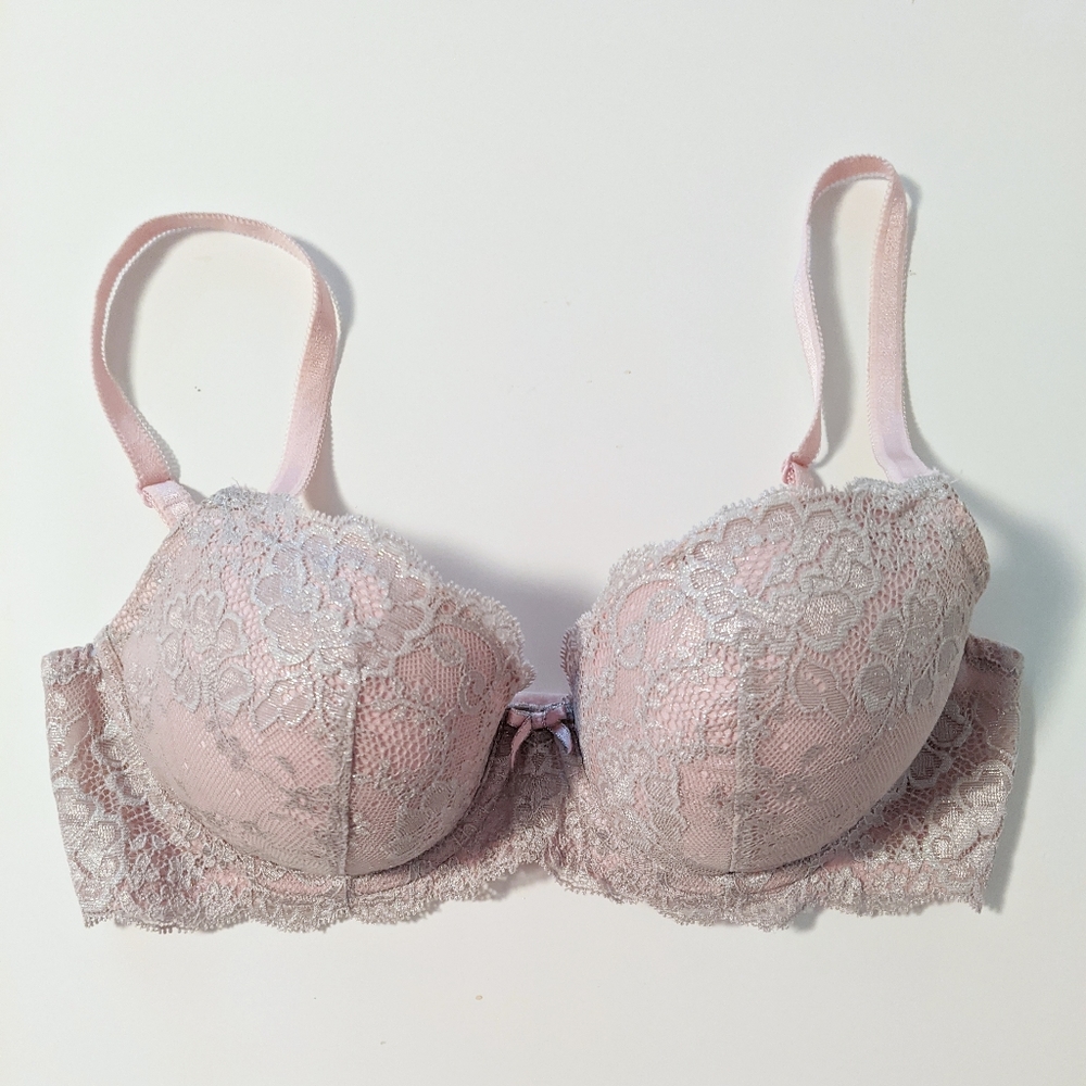Victoria's Secret Pink Silver Lace Dream Angles Lined Demi Bra 32D